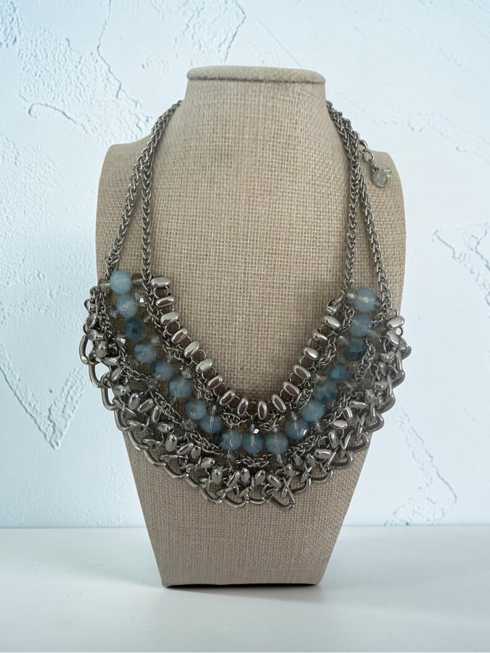 Silver-Tone Layered Necklace with Light Blue Beads